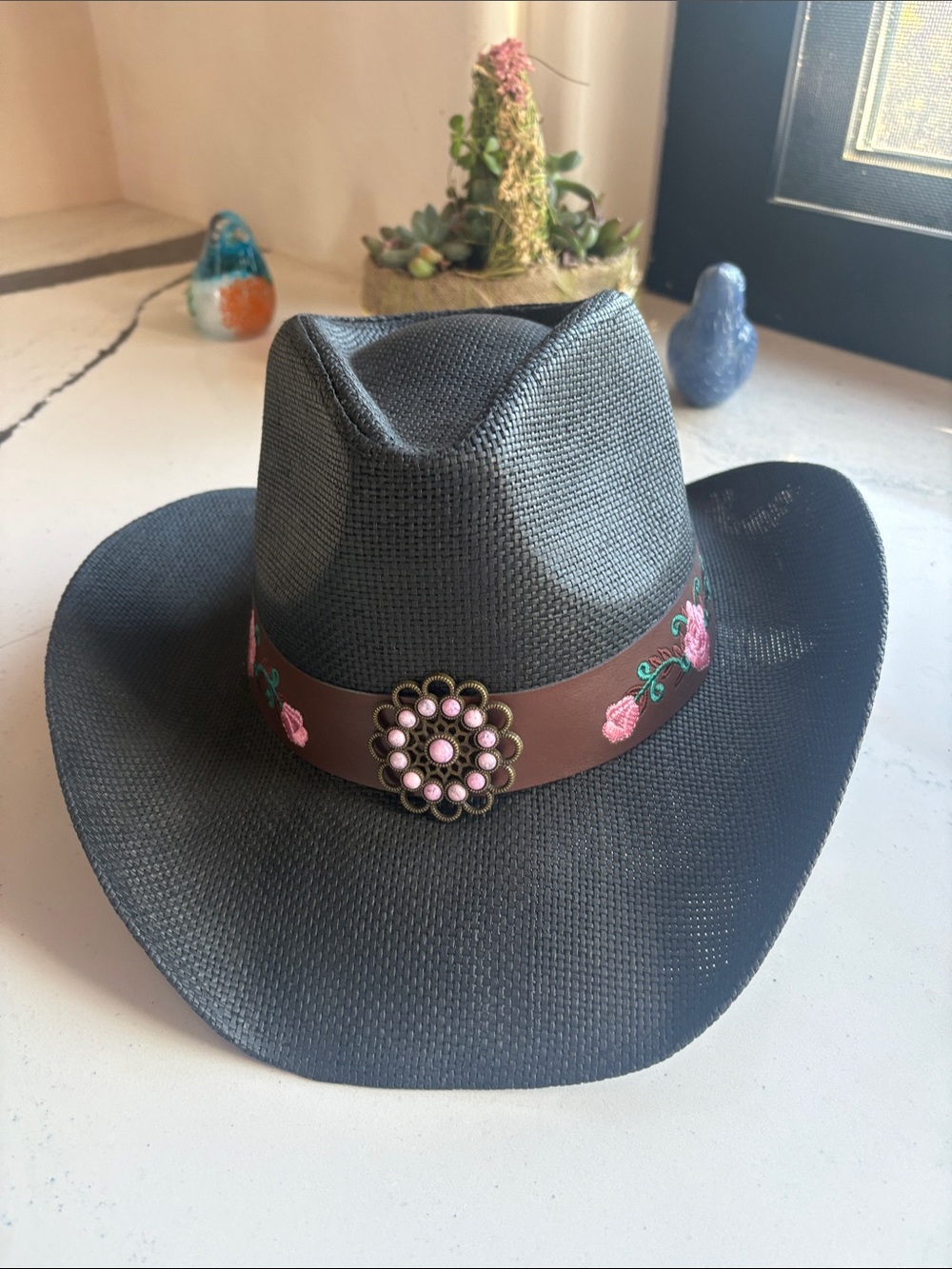Women’s Black Western Hat with Pink Floral Band